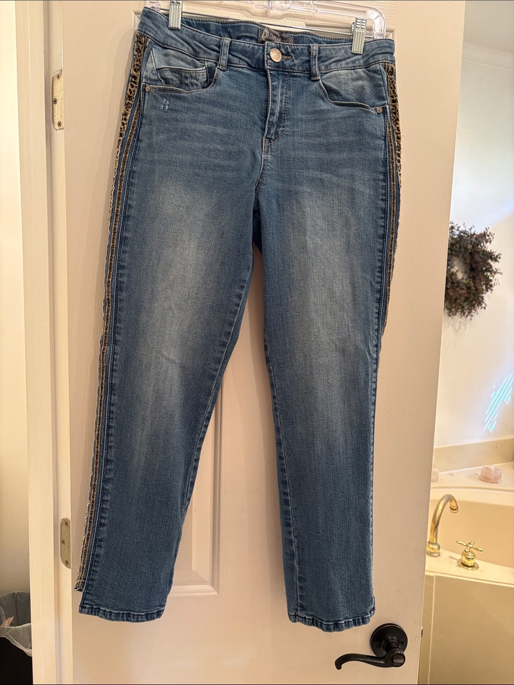 Democracy Blue Ankle Jeans with Leopard-Trim Side Stripe